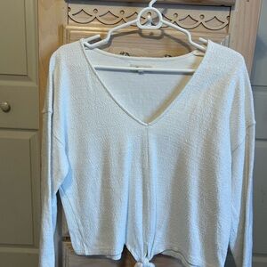 Madewell White Textured V-Neck Long Sleeve Top